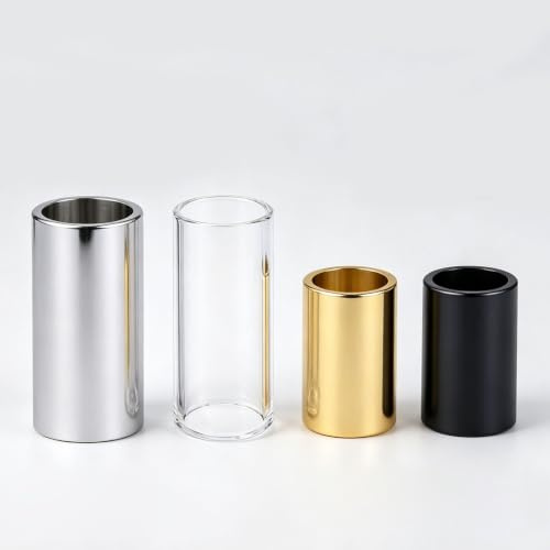 4-Piece Guitar Slide Set, 60mm Glass & Stainless Steel Slides | Includes 60mm and 28mm sizes in silver, gold, and black finishes. Guitar accessories for electric, acoustic, and bass.