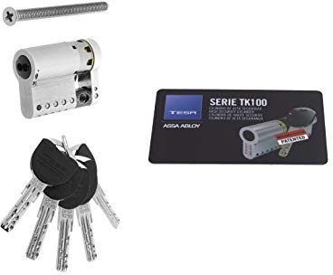 Tesa Assa Abloy, MK153010N, Cilindro de Alta Seguridad, TK100, Doble Embrague, Leva Corta, Llave - Llave, Niquelado, 30 x 10 mm