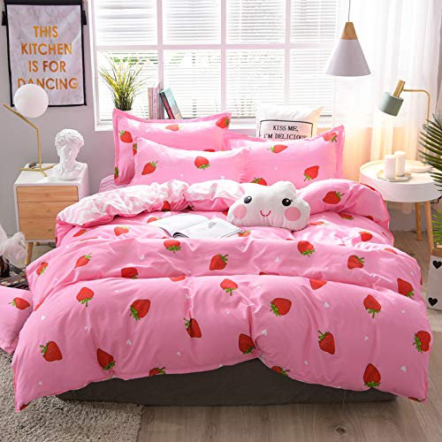 Odot Bettwäsche Set 4 TLG Bettwäsche-Set 4 Teilig, Erdbeere Bettbezug Set Mikrofaser Modern Wende Weiche mit Reissverschluss Bettbezug Kissenbezüge Bettlaken (150x200cm,Rosa Chevron)
