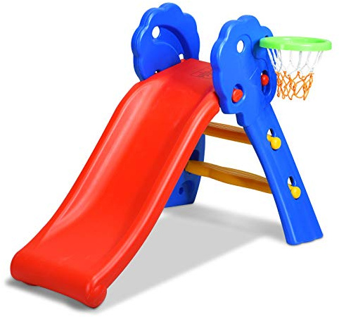 GLACER Toddler Slide, 3 in 1 Foldable Freestanding Climber Playset with Basketball Hoop, Plastic Indoor and Outdoor Playground for Kids, Baby Slide for Age 2-5 Years Old