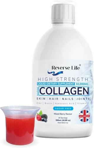 Reverse Life High Strength Marine Collagen for Skin, Hair, Nails and Joints, Hydrolysed Peptide Drink Infused with Hyaluronic Acid, Vitamin C, D and Biotin, Mixed Berry Flavour, 500ml