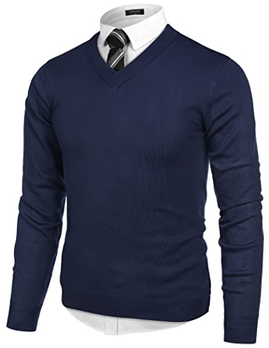 COOFANDY Men V Neck Casual Knitted Pullover Sweater Slim Fit Soft Plain Sweater Navy Blue