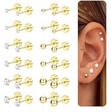 CASSIECA 12 Paires Boucles D'oreilles pour Femmes Hommes En Acier Inoxydable Minuscule Oreille Stud Piercing Petit CZ Boule Ronde Vis Plat Dos Cartilage Boucles D'oreilles Ensemble 2-8MM