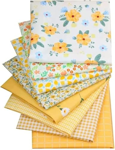 CraftsFabrics Set di 8 scampoli di tessuto in cotone con stampa floreale, colore: Giallo, 40 x 50 cm