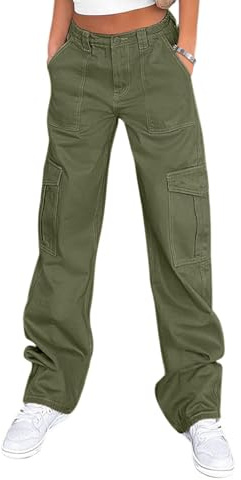 Lepunuo Cargo Pants for Women Casual Drawstring Elastic Waist Pants Baggy Wide Leg Y2K Pants with Pockets Army Green