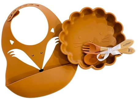 Set repas assiette ventouse + couverts pour enfant personnalisé | Cadeau de Bapteme naissance | Cadeau enfant et bébé | Kit Coffret Diner (Ocre)
