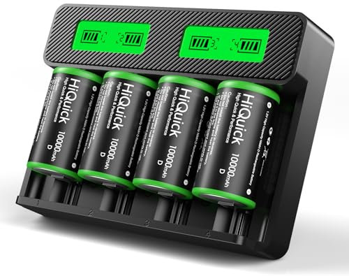 HiQuick Rechargeable D Batteries With Charger, 4 Bay LCD Universal Battery Charger For 3.7V Lithium-ion 18650 21700 14500 26650 18350 and 1.2V Ni-MH AA AAA C D Batteries With D batteries(4 Pack)