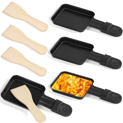 HengBO Sartenes de Raclette Grill, Recubrimiento Antiadherente, Con Asa Aislante, Con 4 Espátulas de Madera Para Raclette, Disponible En Piedras Asar Carne