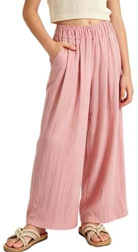 Rolanko Ragazze Pantaloni a Gamba Larga, Flowy Paperbag Pantaloni Palazzo Estivi con Tasche e Vita Elastica per Una vestibilità Ampia, Rosa, Taglia:160/11-12 Anni