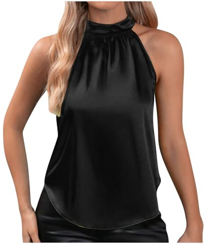 SYDUZAX Womens Silk Satin Tank Tops Halter Neck Button Vest Casual Sleeveless Camisole Elegant Party Blouses Off the Shoulder Summer Tops Basic Tank Work Shirt Solid Plain T-Shirt Tunic