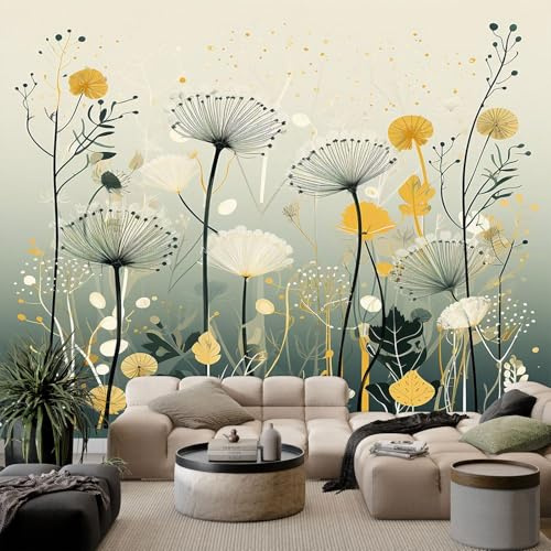 Papier Peint Panoramique Mural Pissenlit Artistique Poster, Grande Taille Motif Floral Jaune et Gris Intissé pour Salon Canapé TV Fond Décoration 350x256cm