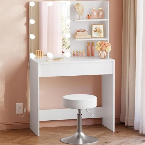 WOLTU Schminktisch mit Spiegel und Hocker, LED Beleuchtung, Schminkhocker Stuhl höhenverstellbar drehbar, Frisiertisch mit Schublade und offene Ablagen, Holz, Weiß, MB6113ws