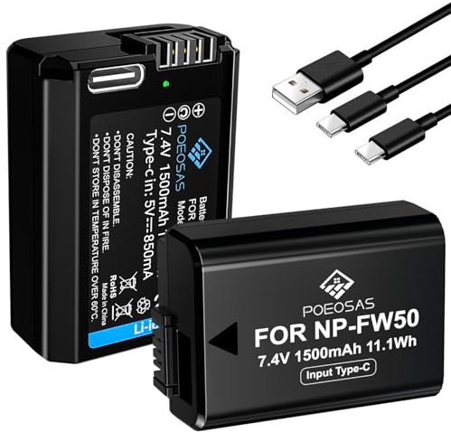 POEOSAS 2 Stück NP-FW50 Ersatz Akku 1300mAh mit USB Typ-C-Ladung Kompatibel mit NP-FW50 und Sony ZV-E10 RX10 IV Alpha 7(a7)/7R(a7R)/7S(a7S),a3000,a5000,NEX-3/5//6/7/C3/F3,DSC-RX10,SLT-A33/A35/A37