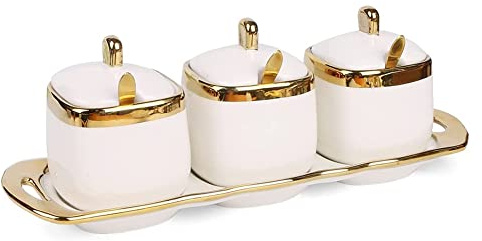 PPcdfre 3 recipientes de cerámica para condimentos de porcelana, azucareros, recipientes decorativos de sal dorada, cajas de pimienta, tarros de especias de cocina, A