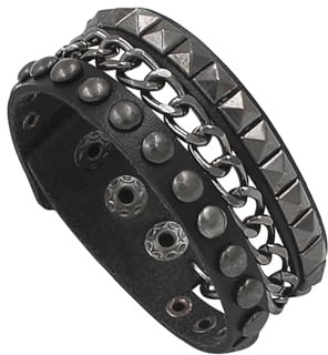 HLMYER Imitation Leather Bracelet - Black Gothic Rock Studded Metal Block Design for Men and Women - Adjustable Punk Steampunk Emo Style