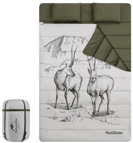 Naturehike Saco de dormir doble, resistente al viento, cálido y portátil, para 2 personas, viene con 2 almohadas, con patrón de dibujos animados, temperatura cómoda, para camping, mochilero,