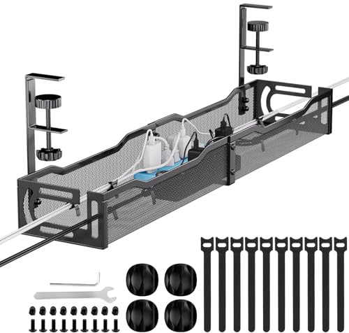 Tivddikun Cable Management, 25''/64CM Long Under Desk Cable Management No Drill, Metal Cable Tidy with Clamp for Standing Desk, Cable Organiser for Home Office, Black