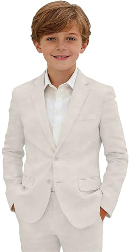 Boys Linen Suit Formal Kids Tuxedo Slim Fit Linen Beige Suits for Boys Teens Summer Wedding Outfit with Bowtie Ties Pocket Square Jacket and Dress Pants Size 6