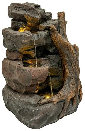 Fontaine de Jardin Cascade Électrique Extérieure Polyresine Gris 3 Lumières LED Blanc Chaud Pompe à Brancher Câble de 7 m Statue Droit Décor Maison Terrasse Willow Springs [Brosse de Nettoyage INCLUS]