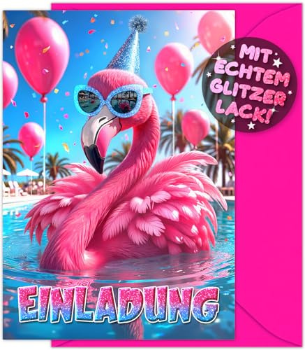12x GLITZER Flamingo EINLADUNGSKARTEN Kindergeburtstag Mädchen Junge + 12x Umschläge - die lustigen Party Karten sind die Pool Party EINLADUNG für Jungen Kinder Geburtstag Cocktail Poolparty Garten