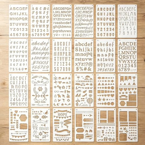 24Pcs Letter Stencils Set, 4x7 Inch Reusable PET Plastic Alphabet and Number Calligraphy Stencils for Painting, Crafts, Bullet Journaling, Wall Art, DIY Templates for Kids & Adults