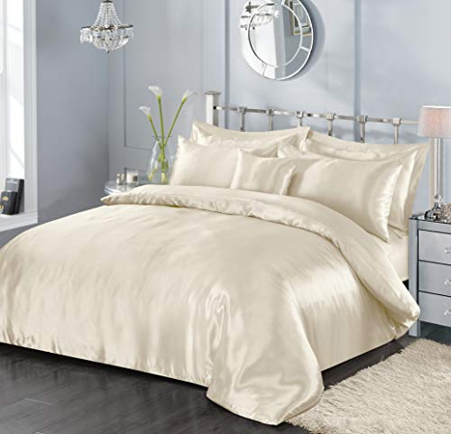 7 Piece Satin Sheets Super Soft Shiny Bedding Sets, 1 x Duvet Cover, 1 x Fitted Bed Sheet, 4 x Pillow Cases, 1 x Cushion Cover, Full Complete Bed Set (Cream, King)