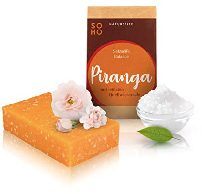 SOHO Naturkosmetik Jabón de ducha Piranga • Gel de ducha sólido con sal solar y manteca de cacao • Jabón vegano para cuerpo y manos (100 g)