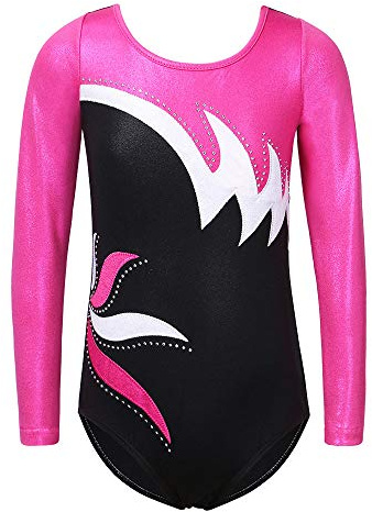 ZNYUNE Kinder Gymnastik Trikot Klassisch Gymnastikanzug Langarm für Mädchen 197 BlackHotPink 10A