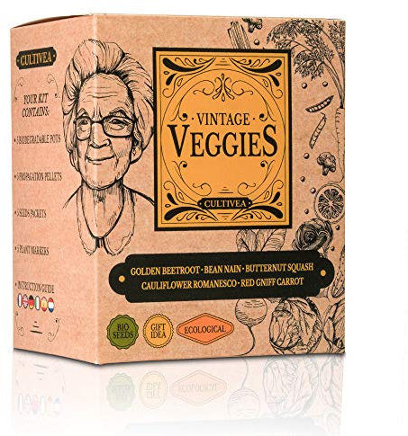 CULTIVEA® Mini - Kit Prêt à Pousser Légumes oubliés - Graines 100% biologiques - Jardinez et dégustez - Idée cadeau (Betterave jaune, Haricot nain, Chou fleur romanesco natalino, Carotte, Courge)