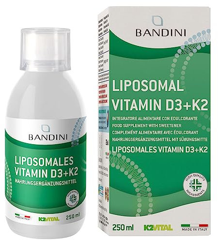 Bandini® Vitamina D3 K2 Liposomiale, Integratore Alimentare Biodisponibile per il Sistema Immunitario ad Alto Dosaggio, Rinforza Muscoli, Ossa e Denti, Vitamine D3+K2 Liquida 250 ml con Tappo Dosatore