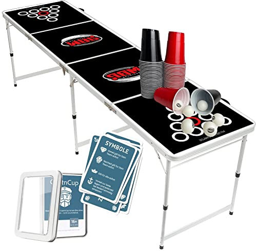 CaptnCup + mesa Beerpong + 100 vasos + 6 bolas - Beer Pong Juego de beber ampliación - 55 cartas - la variante adicional Beerpong ideal para festivales o para regalar