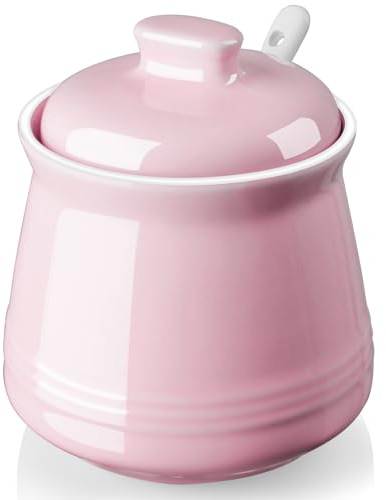 DAYYET Sugar Bowl with Lid and Spoon - 12 oz Ceramic Sugar Bowl with Spoon - Sugar Container for Coffee Bar - Sugar Jar Sugar Dispenser Bowl - Pink Kitchen Decor and Accessories