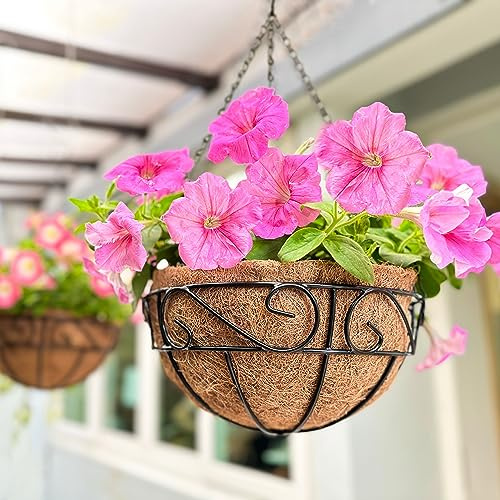 LaLaGreen Hanging Planter for Outdoor Plants (14 Inch, 2 Pack) Black Hanging Baskets with Coco Liner, Metal Wire Flower Basket Pots with Hook Hanger Balcony Porch Farmhouse Country Style Garden Decor