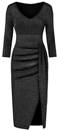 Evening Gowns for Women UK Party Cocktail Dress Long Sleeve V-Neck Fashion Ball Gown Ladies Hip Slit Sparkling Prom Dress Solid Colour Stretch Long Pleated Skirt Black