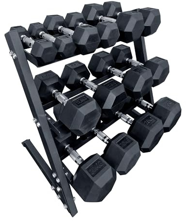 Extreme Fitness Hex Dumbbell Rubber Weights Set & Storage Rack - 7 Pair Of Dumbbells 2.5kg 5kg 7.5kg 10kg 15kg 20kg 25kg