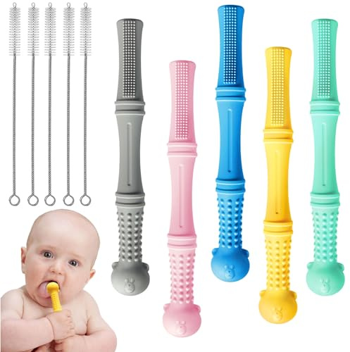 NICEIN®Mordedor Bebe - Silicona Para Mordedores Bebe con Cepillo de Limpieza de 3 Piezas，Denticion Bebe，Mordedor Bebe Refrigerante，Apto Para Bebés de 6 a 12 Meses (5pcs)