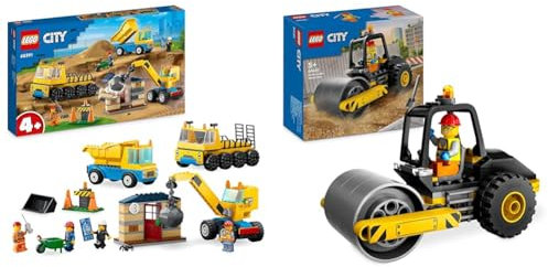 LEGO 60391 City Les Camions de Chantier et la Grue à Boule de Démolition & City Le Rouleau Compresseur de Chantier, Jouet de Construction de Véhicule, Maquette de Camion Enfant