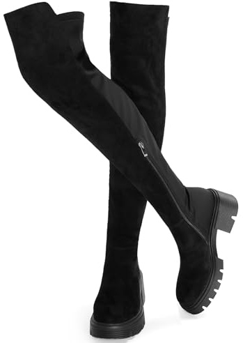 ErikenUrben Femmes Noir Cuissarde Bottes Suède Over the Genoux Bottes Plateforme Talons Chunky Bottes Elastique Genoux Longue Bottes Fermeture Éclair Taille 43