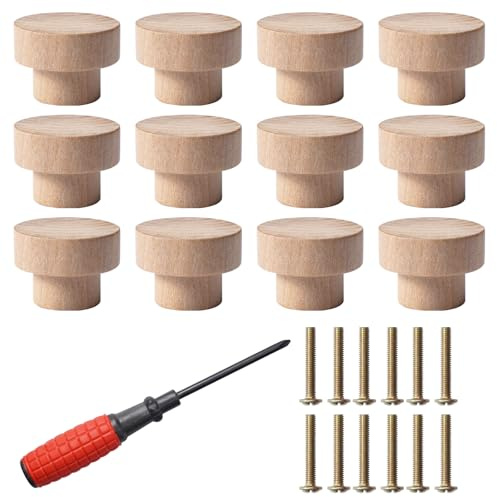 Jinsion Lot de 12 Boutons de Tiroir en Bois Ronds Naturel Avec Vis et Tournevis 35 x 25 mm Lisse Poli et Sécurité Enfant pour Coiffeuse, Tiroirs, Armoires de Cuisine, Cuisine, Bureau, Commode Tiroir