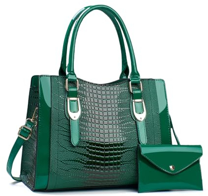 NICOLE & DORIS Elegante Handtasche Damen Schöne Tasche mit Geldbörse Umhängetasche Lackleder Schultertasche Tote Bag für Büro Reise Einkauf Grün