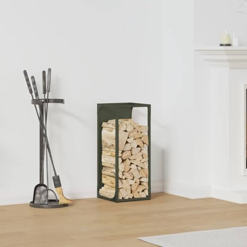 Gecheer Firewood Log Rack Metal Log Store Holder for Outdoor Indoor Metal Fireplace Wood Storage Shelf Olive Green 25x25x60 cm Cold-rolled steel