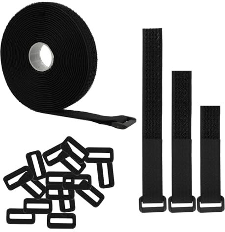 Cinta de 5 m x 2 cm con 25 hebillas, longitud de corte libre, cable resellable, cinta de velcro para gestión de cables, organización, costura, exterior y hogar