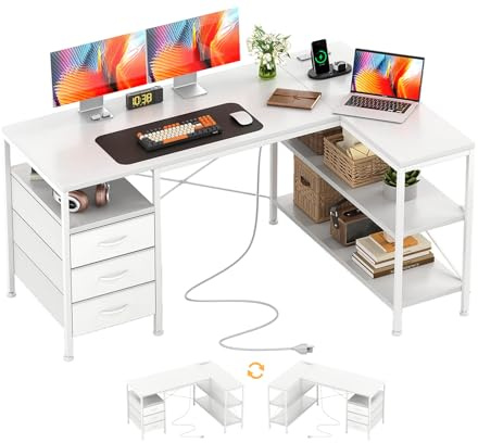 CAIYUN 120cm Corner Desk with Drawers, Reversible L shaped Computer Desk with Power Outlet, Home Office Desk with USB Charging Port, White