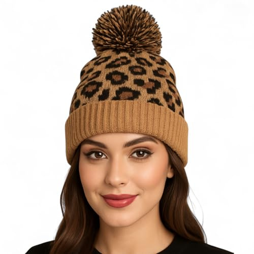 MIJOMA Bonnet d'hiver pour femme - Motif léopard - Avec pompon en fourrure synthétique - Bonnet tricoté chaud - Doux, élégant et confortable pour l'automne et l'hiver, taille unique
