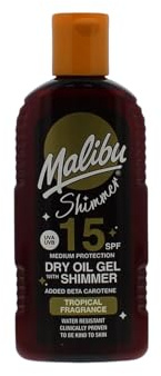 Malibu Sun Dry Oil Shimmer Gel SPF 15, 200ml | Illuminating Body Oil, Tanning Oil with Shimmer, Lightweight Glow, Water Resistant
