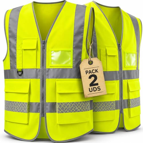 Chaleco Reflectante con Bolsillos y Cremallera Pack 2 Unidades | Chaleco Reflectante Homologado DGT Alta Visibilidad ISO 20471 | Chaleco Seguridad Trabajo Coche Moto Bicicleta Talla L Universal