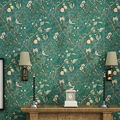WeRui Amerikanische Retro-Vlies-Tapete, Motiv: alter Apfelbaum, Blumen und Vögel, 0,53 m x 10 m, dunkelgrün