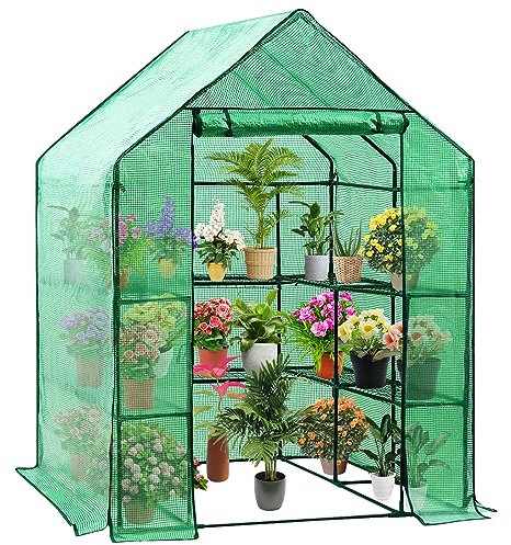 Display4top Greenhouse, Portable Green House for Garden Outdoor Walk In Geenhouse with 10 Shelves 143x43x95cm, PE Cover