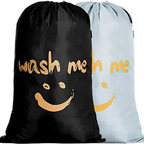 IHOMGIC 2er Wäschesammler für Haushalt, 420D Nylon Wäschesack Camping mit Smiley-Gesicht, Faltbarer Wäschebeutel Schmutzwäsche mit Kordelzug, 120L Wäschesack für Reise, Mietwohnung,Schwarz + Silbrig
