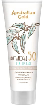 Australian Gold Botanical SPF 50 Tinted Face Sunscreen, Non-Chemical BB Cream, Water-Resistant, Matte Finish, Sensitive Skin, 3 FL Oz